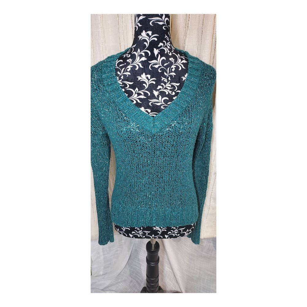 Vintage Y2K Mudd Green and Silver Shiny Festive V-Neck Cable Knit Sweater Size L